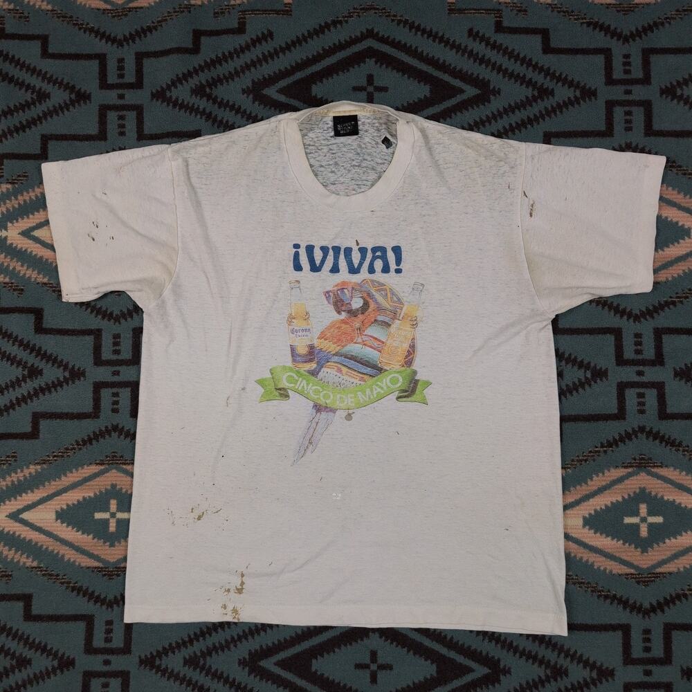 VTG 90s Corona Single Stitch Beer Promo T-Shirt Mens L PARROT Distressed Thin